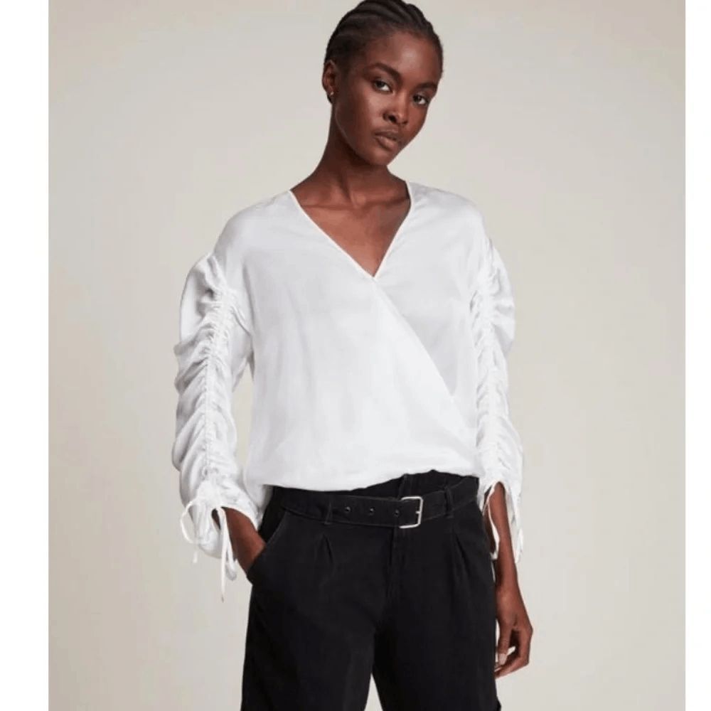 Allsaints Chalk White Preslie Silk Long Cinched Sleeve Blouse Women's Size 10